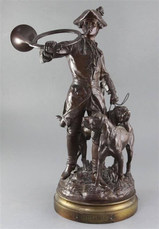Prosper Le Courtier (1855-1925) and Hippolyte Moreau (1832 - 1927). A late 19th century French bronze study, Piqueur au Relais height